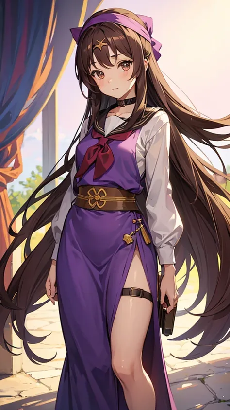 An anime girl in a lavender Clan outfit, with long, loose brown hair and brown eyes and a bandana on her forehead 