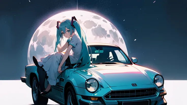 Hatsune Miku、Under the moon、Leaning on the hood of a car