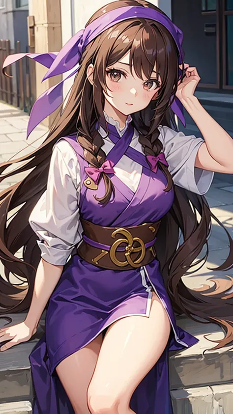 An anime girl in a lavender Clan outfit, with long, loose brown hair and brown eyes and a bandana on her forehead 