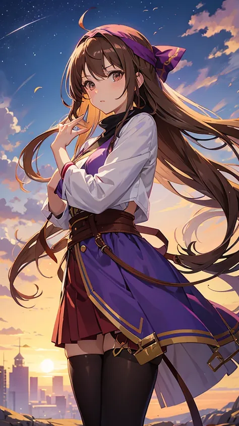 An anime girl in a lavender Clan outfit, with long, loose brown hair and brown eyes and a bandana on her forehead 