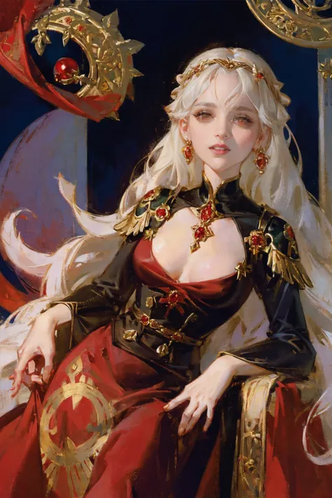 fantasy, princess Targaryen, full-length, garden, girl, portrait face, with white hair, face looks like Daenerys|Natalie Portman, in a red and black dress embroidered with gold threads of rubies and diamonds with her eyes open, hd