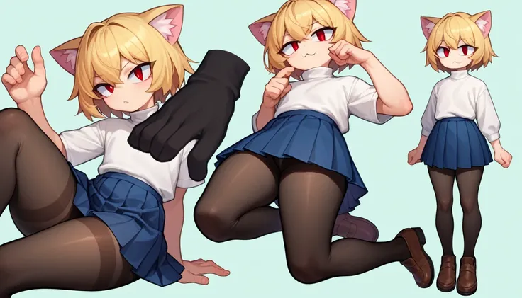 score_9, score_8_up, score_7_up, score_6_up, score_5_up, score_4_up, BREAK, 1boy, solo, necoarc, lit pupils, cat ears, blonde hair, red eyes, :3, turtleneck, blue skirt, pleated skirt, pantyhose, brown footwear, highlight thighs, thick thighs, seductive po...