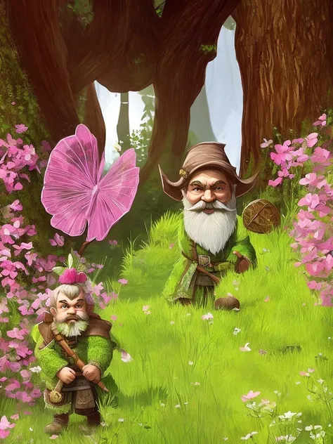 a little dwarf dressed in green, with a long white beard and stubble. a white pointed hat, he holds a pink butterfly catcher in his hand and uses it as a weapon.  and is walking through the forest, darknes, horror, scary, dark, rpg