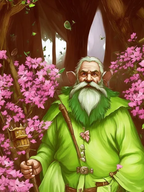 a little dwarf dressed in green, with a long white beard and stubble. a white pointed hat, he holds a pink butterfly catcher in his hand and uses it as a weapon.  and is walking through the forest, darknes, horror, scary, dark, rpg