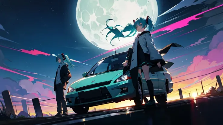 Hatsune Miku、Under the moon、Standing near the car