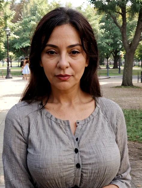 beautiful mature woman taking realistic selfie in a park, high quality background