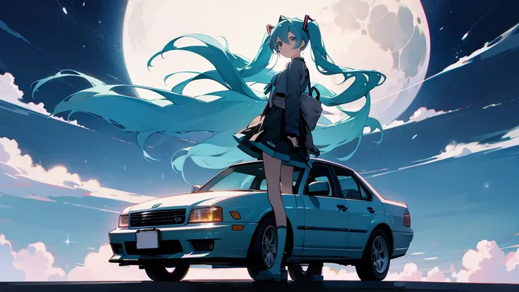 Hatsune Miku、Under the moon、Standing near the car