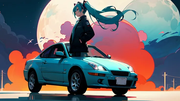 Hatsune Miku、Under the moon、Standing near the car