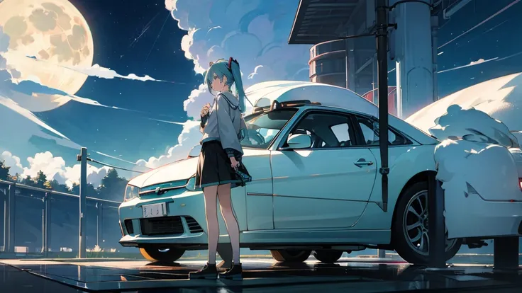 Hatsune Miku、Under the moon、Standing near the car