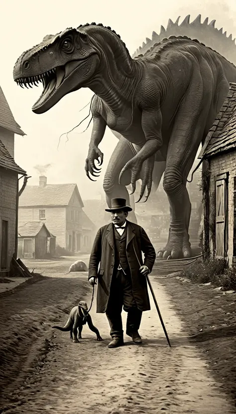 1850 s village man with his pet big dinosaur walking old photo style