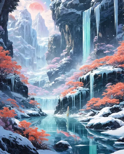 A god like Jupiter in an iced landscape, ice, snow, distant snowy forests, scandinavian vibes , in juxtaposition duality with the nymph of an oasis with luscious vegetation and tropical flowers,  space opera confrontation, inspired by manhua aesthetics.