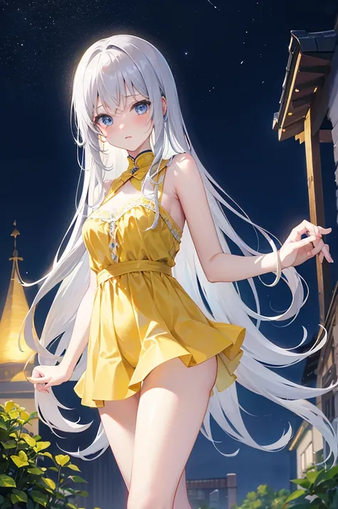 M-shaped legs、Yellow panties、、Light silver hair、Semi-long hair、garden、night、、Pale blue eyes、Blushing、、Random pose、Looks like she&#39;s about to cum、Glamorous expression、Blushing、Yellow underwear、Cute underwear、Undressing、、Bedroom、On the bed、M-shaped legs、R...