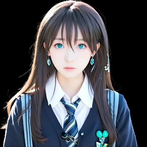 1girl, solo, long hair, looking at viewer, bangs, simple background, brown hair, shirt, long sleeves, jewelry, school uniform, green eyes, white shirt, upper body, earrings, necktie, aqua eyes, cardigan, black background, striped necktie, shibuya rin