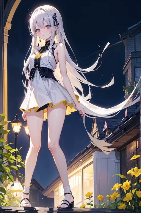 M-shaped legs、Yellow panties、、Light silver hair、Semi-long hair、garden、night、、Pale purple eyes、Blushing、、Random pose、Looks like she&#39;s about to cum、Glamorous expression、Blushing、Yellow underwear、Cute underwear、Undressing、、Bedroom、On the bed、M-shaped legs...