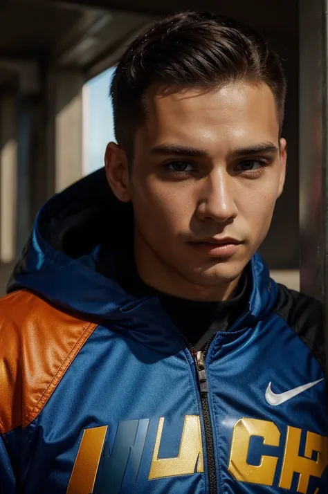 1 man, young man, 25 years old, lead-colored Nike jacket, detailed portrait, realistic, photorealistic, photo-realistic, HDR, UHD, extremely detailed, sharp focus, vivid colors, character design, concept art