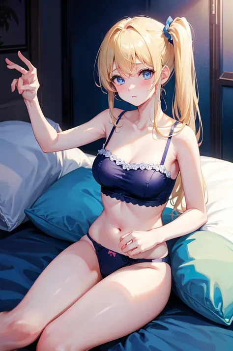 M-shaped legs、Blonde、Side Ponytail、Blue underwear、Pale blue eyes、Blushing、Bedroom、On the bed、Random pose、Looks like she&#39;s about to cum、Glamorous expression、Blushing、Blue underwear、Cute underwear、Undressing、、Bedroom、On the bed、M-shaped legs、Random pose,...