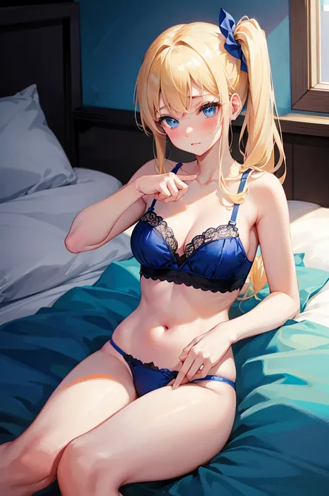 M-shaped legs、Blonde、Side Ponytail、Blue underwear、Pale blue eyes、Blushing、Bedroom、On the bed、Random pose、Looks like she&#39;s about to cum、Glamorous expression、Blushing、Blue underwear、Cute underwear、Undressing、、Bedroom、On the bed、M-shaped legs、Random pose,...