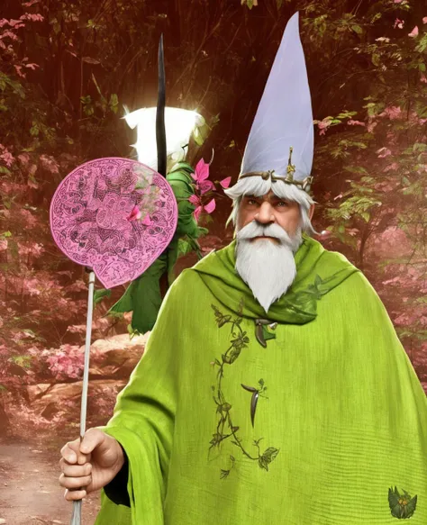 a little dwarf dressed in green, with a long white beard and stubble. a white pointed hat, he holds a pink butterfly catcher in his hand and uses it as a weapon.  and is walking through the forest, dark, darknes, horror, rpg