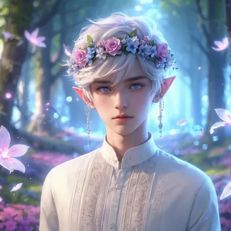 Handsome boy, white hair, blue eyes, wearing pink and light blue flower crown, wearing white barong tagalog, elf ear, "surrounded by light blue, pink, and purple light, magic forest background