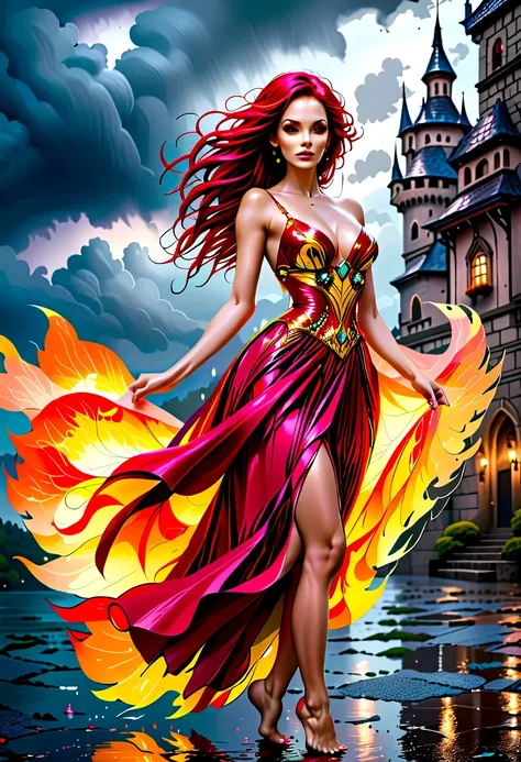 a sorceress of fire making fire dance in a the (storm of rain: 1.5), a most exquisite beautiful sorceress, controlling fire mani...