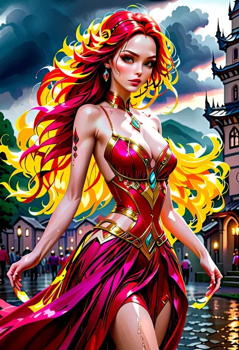 a sorceress of fire making fire dance in a the (storm of rain: 1.5), a most exquisite beautiful sorceress, controlling fire mani...