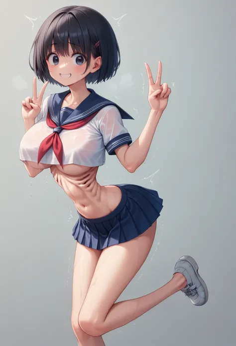 (masterpiece, best quality:1.2), front shot, beautiful 1girl, (super big breasts, micro waist, very long legs:1.4), Black hair, short bob hair, short height, scrawny and thin body, (Very thin abdomen:1.3), Light Skin, cute big eyes, cute beautiful thin fac...