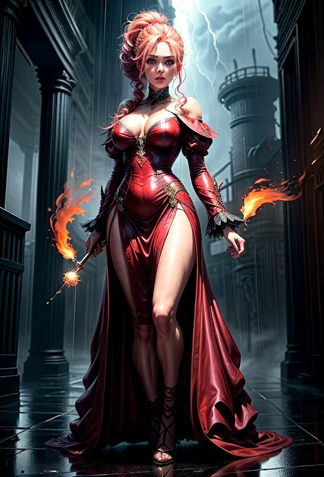 a sorceress of fire making fire dance in a the (storm of rain: 1.3), a most exquisite beautiful sorceress, controlling fire manipulating fire, a woman, dynamic hair color, dynamic hair style, (most beautiful face: 1.3), (ultra detailed face: 1.2), wet hair...