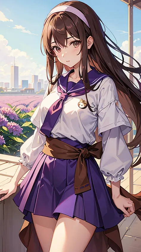 An anime girl in a lavender Clan outfit, with long, loose brown hair and brown eyes and a bandana on her forehead 