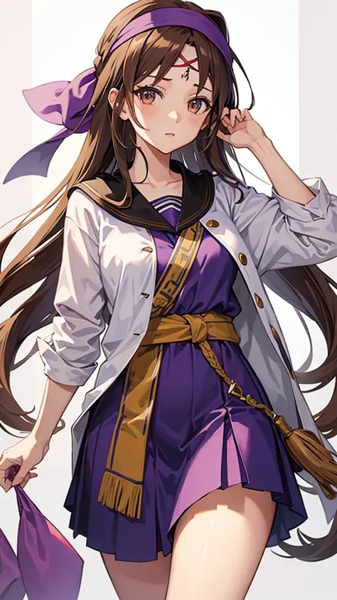 An anime girl in a lavender Clan outfit, with long, loose brown hair and brown eyes and a bandana on her forehead 