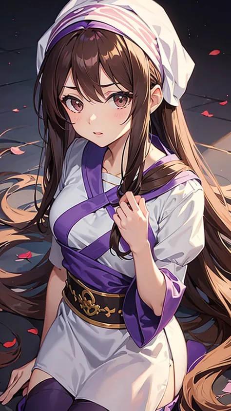 An anime girl in a lavender Clan outfit, with long, loose brown hair and brown eyes and a bandana on her forehead 