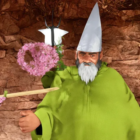 a little dwarf dressed in green, with a long white beard and stubble. a white pointed hat, he holds a pink butterfly catcher in his hand and uses it as a weapon.  and is walking through the forest, dark, darknes, horror, rpg