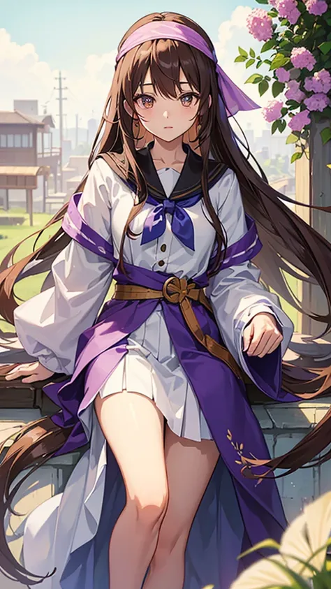 An anime girl in a lavender Clan outfit, with long, loose brown hair and brown eyes and a bandana on her forehead 