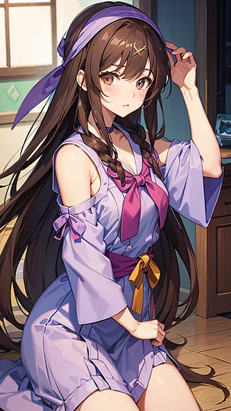 An anime girl in a lavender Clan outfit, with long, loose brown hair and brown eyes and a bandana on her forehead 