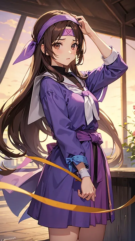 An anime girl in a lavender Clan outfit, with long, loose brown hair and brown eyes and a bandana on her forehead 