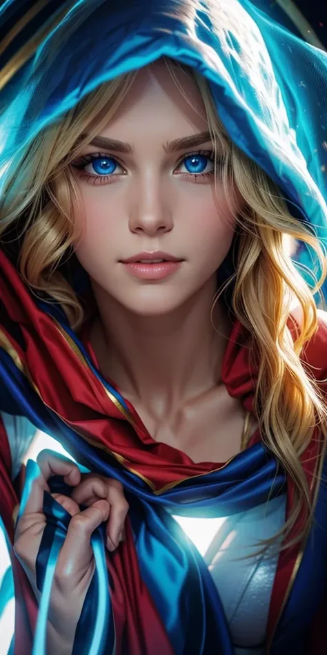 The character Supergirl, perfect costume, shiny blue eyes, extremely beautiful blond hair, beautiful smile , perfect anatomy and extremely beautiful face 