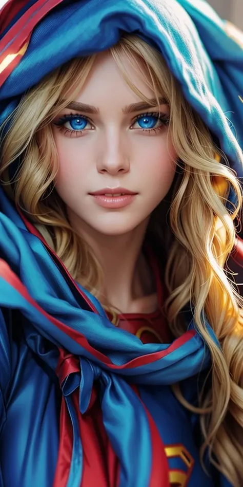 The character Supergirl, perfect costume, shiny blue eyes, extremely beautiful blond hair, beautiful smile , perfect anatomy and extremely beautiful face 