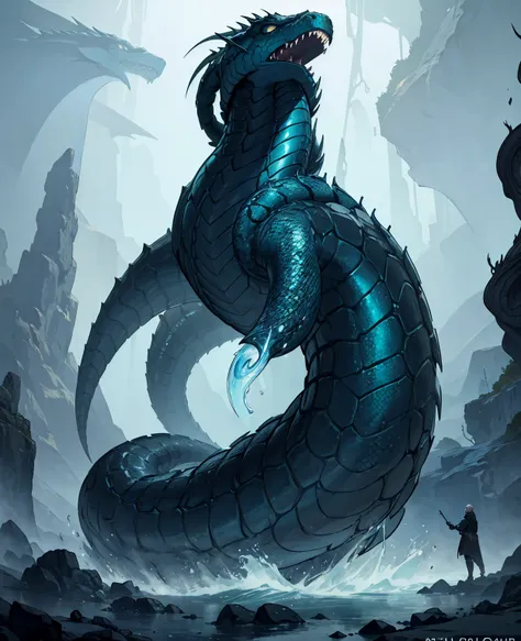 a colossal serpent, Jörmungandr, the world serpent, curled around the world, mythological Norse creature, detailed scales, glistening coils, piercing eyes, menacing presence, dark ocean depths, dramatic lighting, muted color palette, realistic 3D render, h...