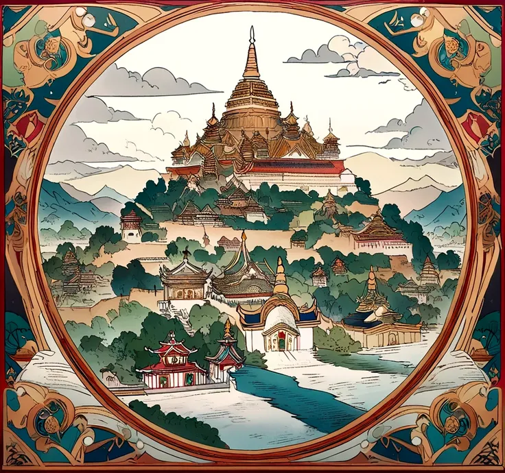 landscape of Myanmar, white pagoda and monastery on the hill, intricate image