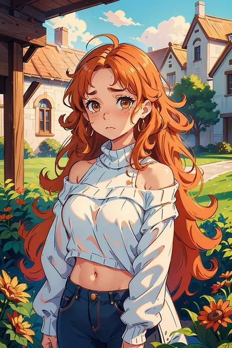 ((best quality)), ((masterpiece)), (detailed), 1girl, off-shoulder sweater, natural orange hair, curly hair, brown eyes,bellyful, perfect face, really curly hair, sad, loss hair, white sweater, super long hair, crying 
