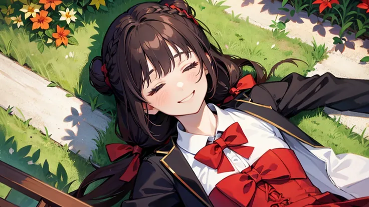 masterpiece, Highest quality, Phemonica, Hair Bun, Braiding, Red Bow, Black jacket, Black Skirt, Red Pantyhose, Upper Body, From above, Sleeping on your back, Grass, View your viewers, tired, smile, garden 