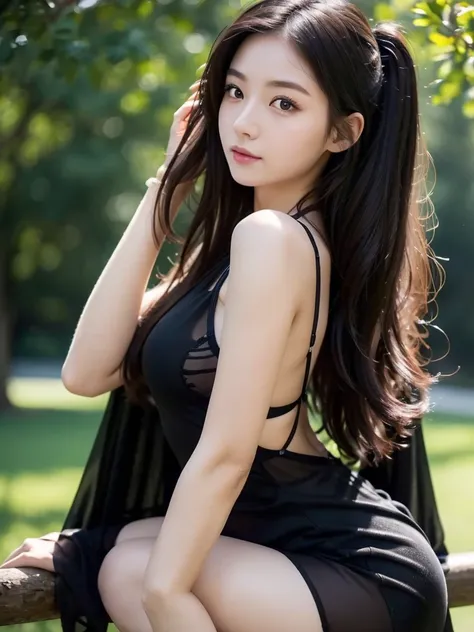 Outdoor、Black sheer dress、(Highest quality)、((Very detailed))、4K、(8K)、masterpiece、Very detailedな、Highest quality、Super Resolution、1 person、Kind Face、Soft Light、RAW quality、Soft Skin、163cm、30 years old、knees