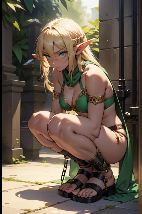 1 edge, Full-body art, elf chained, border, elf girl in shackles, squat, on the knees, Knees on the ground, bikini, camel&#39;s foot, Medium breasts, girl chained , chains, knees spread, shy and embarrassed facial expression, crowded market