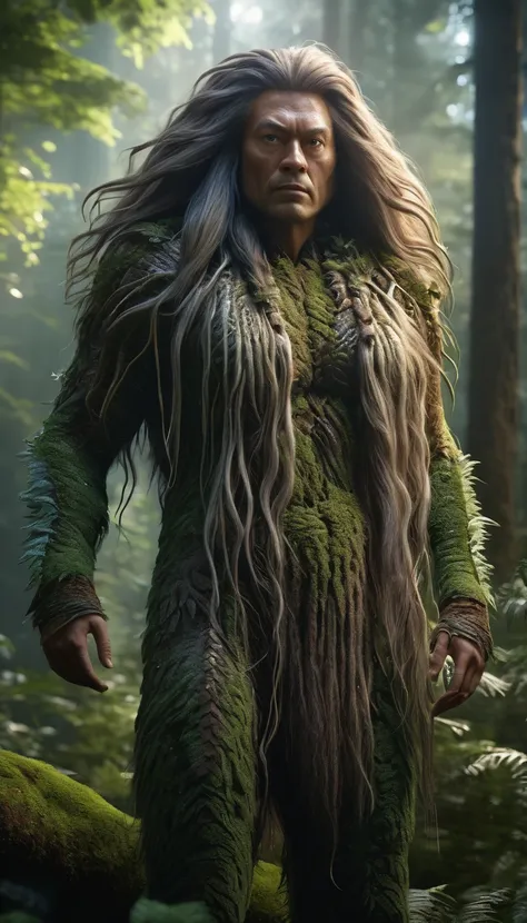 Front view，There is a creature in the forest，Human-like appearance，Covered with long hair（best quality，4K，8K，High level，masterpiece：1.2），Ultra Detailed，（lifelike，Photo real，Photo real：1.37），Highly detailed animals，Complex patterns，Realistic lighting，Fantas...