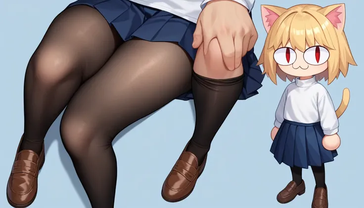 score_9, score_8_up, score_7_up, score_6_up, score_5_up, score_4_up, BREAK, 1boy, solo, necoarc, lit pupils, cat ears, blonde hair, red eyes, :3, turtleneck, blue skirt, pleated skirt, pantyhose, brown footwear, highlight thighs, thick thighs, neco arc pos...