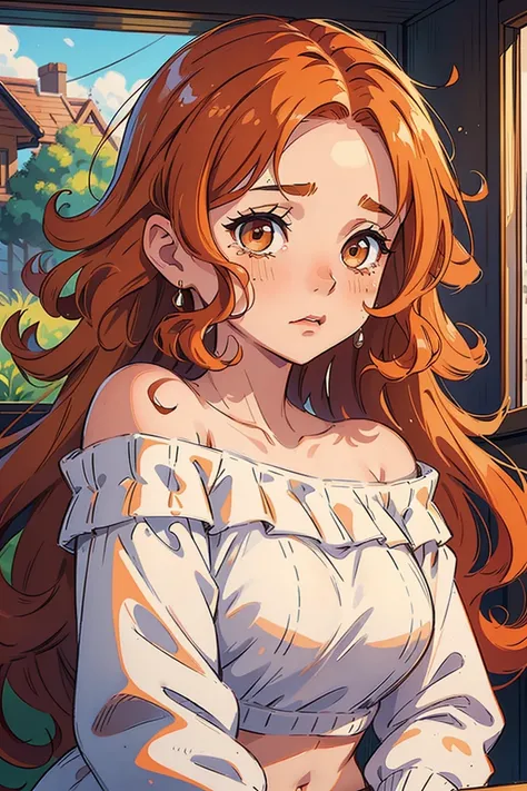 ((best quality)), ((masterpiece)), (detailed), 1girl, off-shoulder sweater, natural orange hair, curly hair, brown eyes,bellyful, perfect face, really curly hair, sad, loss hair, white sweater, super long hair, crying, closer look, hig resolution, perfect ...