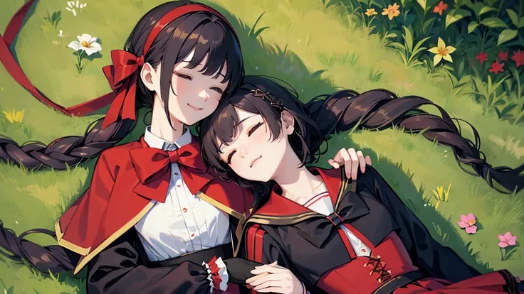 masterpiece, Highest quality, Phemonica, headphone, Braiding, Red Bow, Black jacket, Black Skirt, Red Pantyhose, Upper Body, From above, Sleeping on your back, Grass, View your viewers, tired, smile, garden 、(masterpiece) (Highest quality) (detailed) (8K)、...