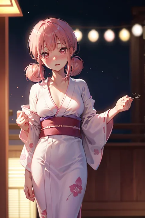 acme face、random pose、undressing、nsfw、yukata、yukata、pale pink hair、pale pink eyes、under-ear bun hairstyle、summer festival、night、...