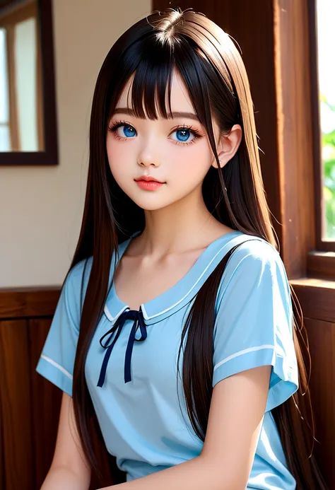 gorgeous, Shiny、Firming、Radiant skin, Bangs between the eyes, Shiny的直美丽的白金金发, Extra Long Straight Silky Hair, Eyeliner, Sexy, beautiful and innocent 14 years old, HD big beautiful bright blue eyes, Beautiful cute girl, baby face, short sleeve