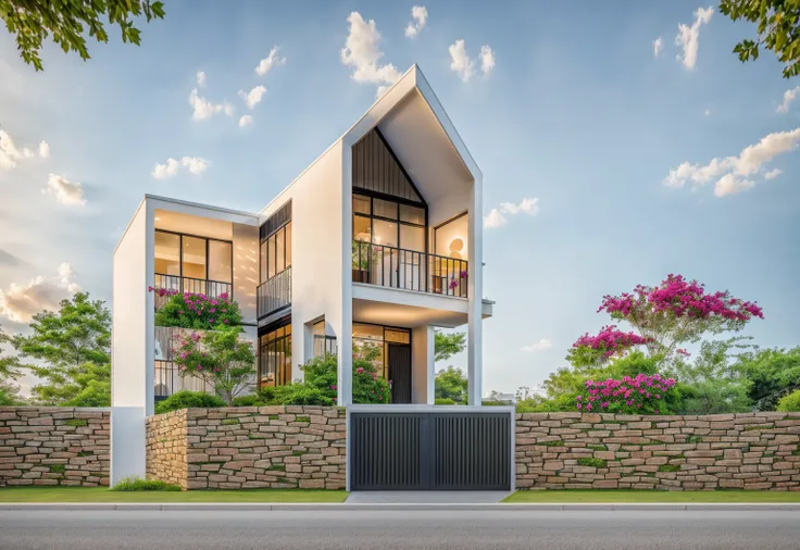 kthouse platform, many colorful flowers along the road, romantic, 1 neoclassical style house, townhouse built with white walls, ...