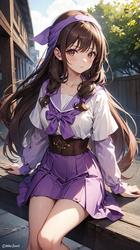 An anime girl in a lavender Clan outfit, with long, loose brown hair and brown eyes and a bandana on her forehead 